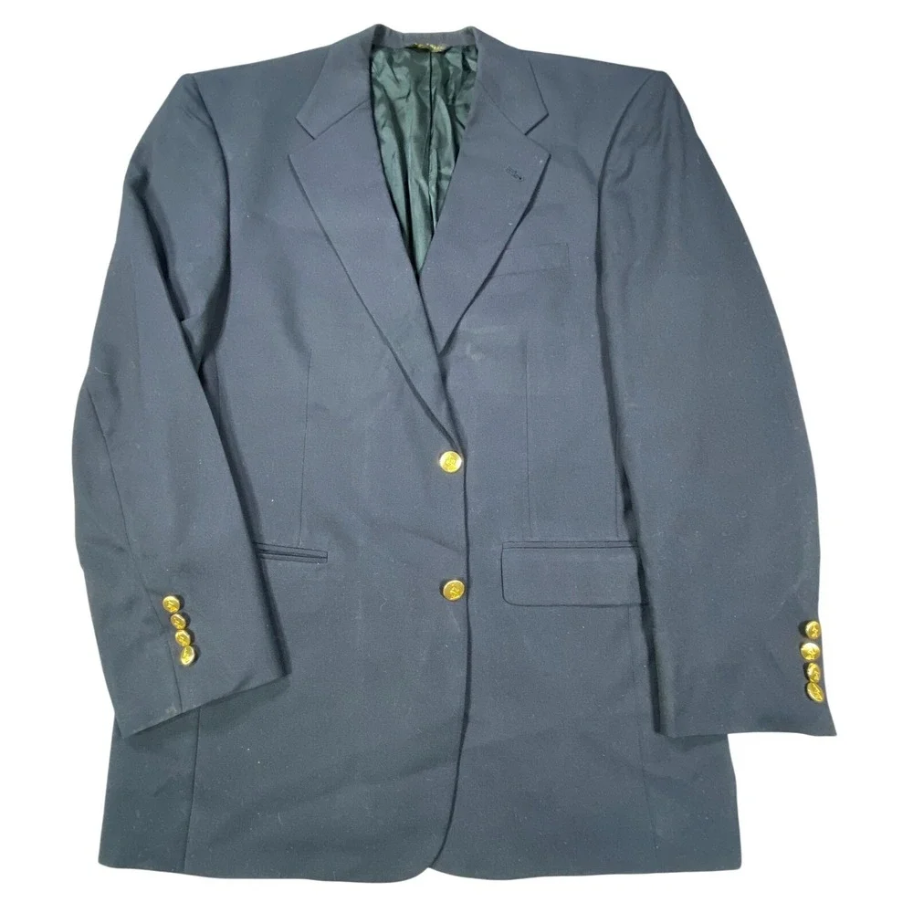 Vintage Austin Reed Blazer 42L Navy Jacket Wool Old Money Sport Coat Gold Button